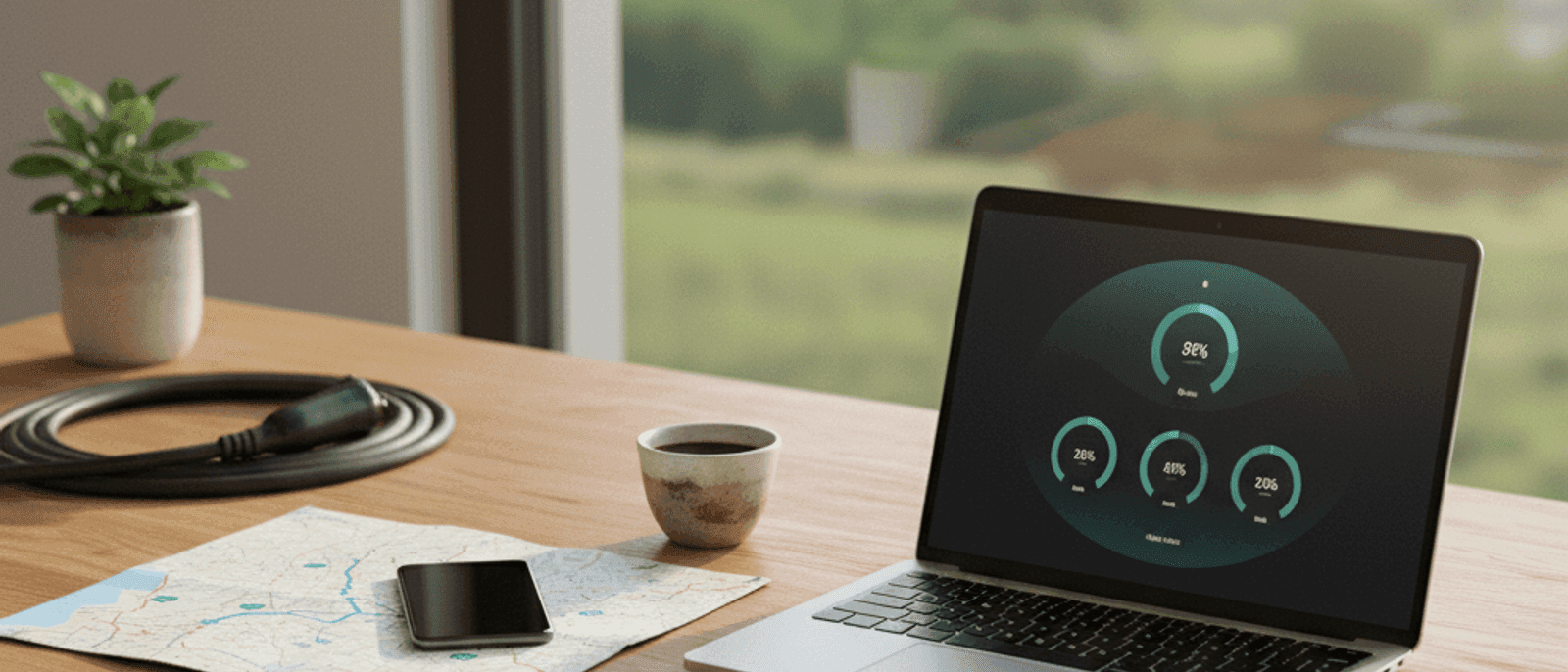 Escritorio editorial con un portátil mostrando un dashboard de autonomía en gauges teal, mapa de ruta, café y cable de recarga EV — entorno luminoso natural