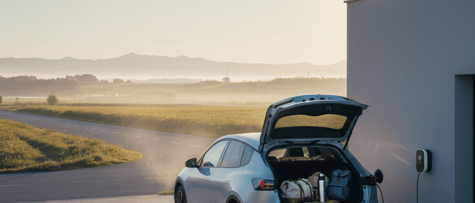 Coche eléctrico aparcado en la rampa de una vivienda al amanecer con el maletero abierto y equipaje preparado para una ruta larga, wallbox visible y paisaje español al fondo