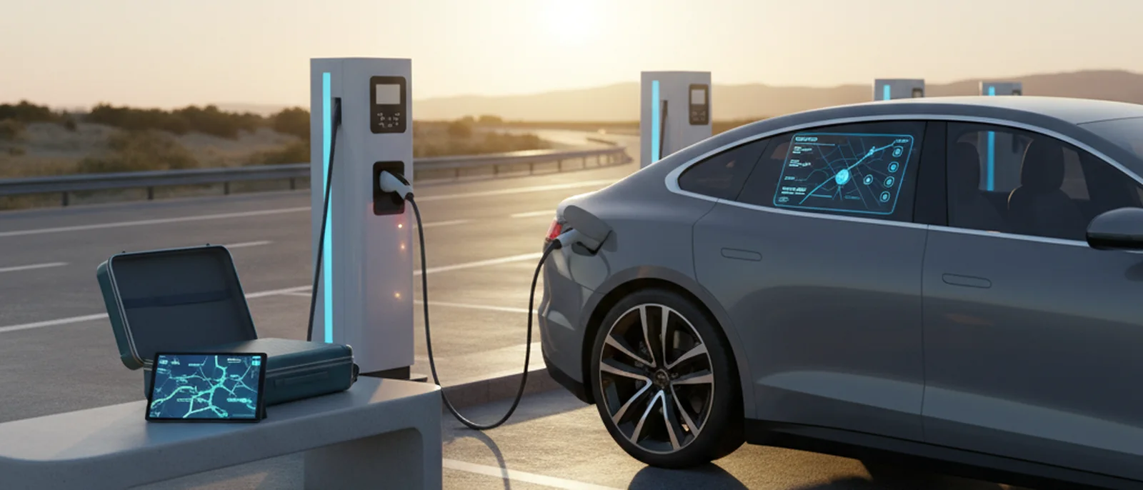 Coche eléctrico cargando en un área de descanso, con ruta planificada y ambiente de viaje tranquilo.