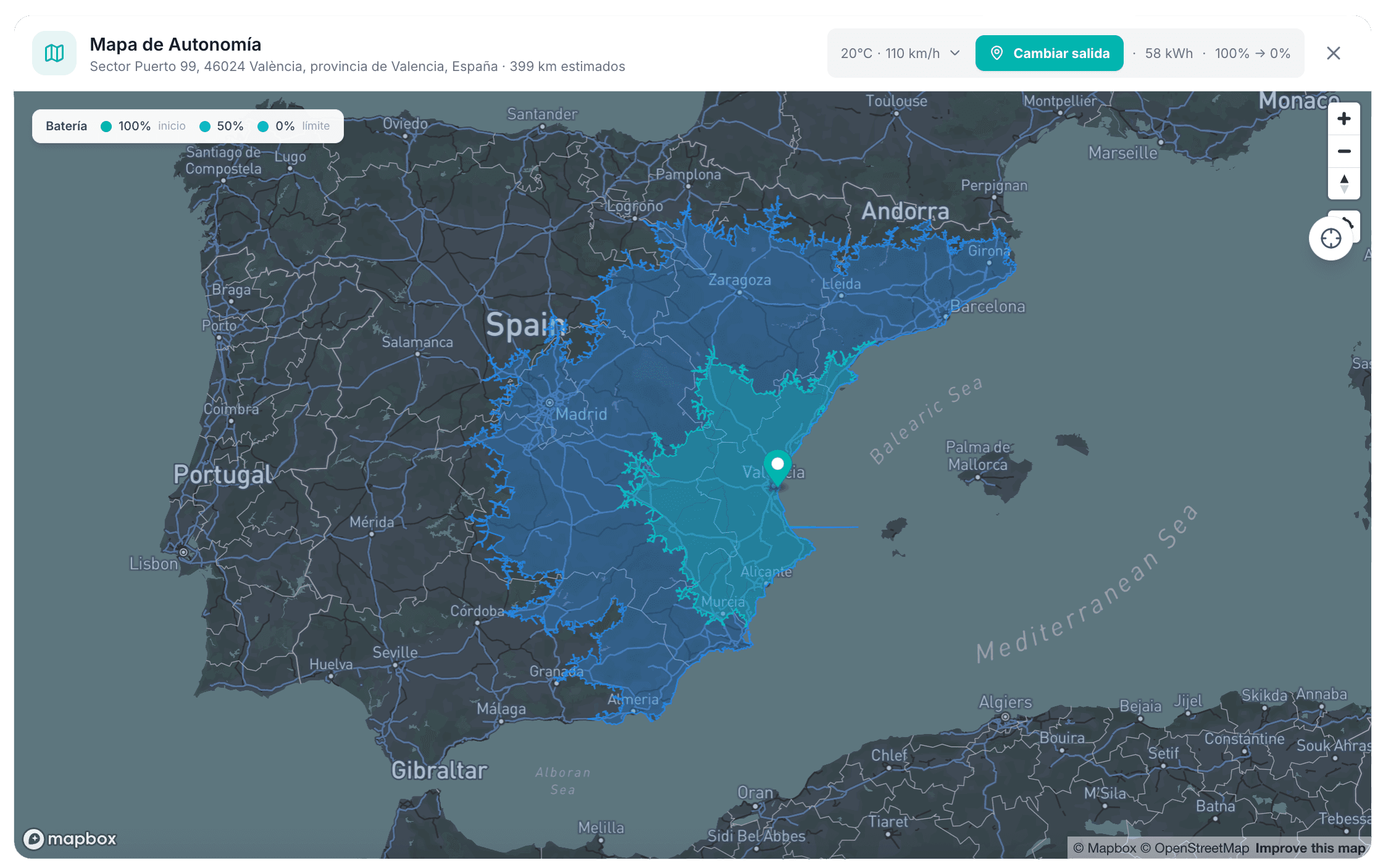 Mapa de autonomía real desde Madrid — radio alcanzable por un Tesla Model 3 según datos reales de la comunidad QuantumDrive