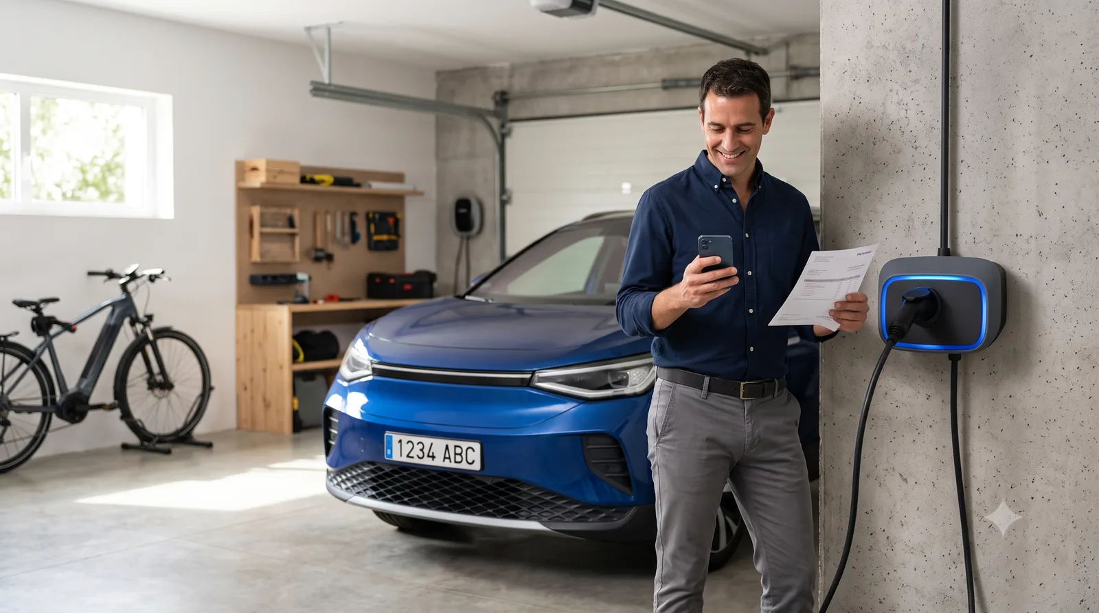 Propietario revisando la deducción del IRPF tras instalar un cargador de coche eléctrico en el garaje de su vivienda.