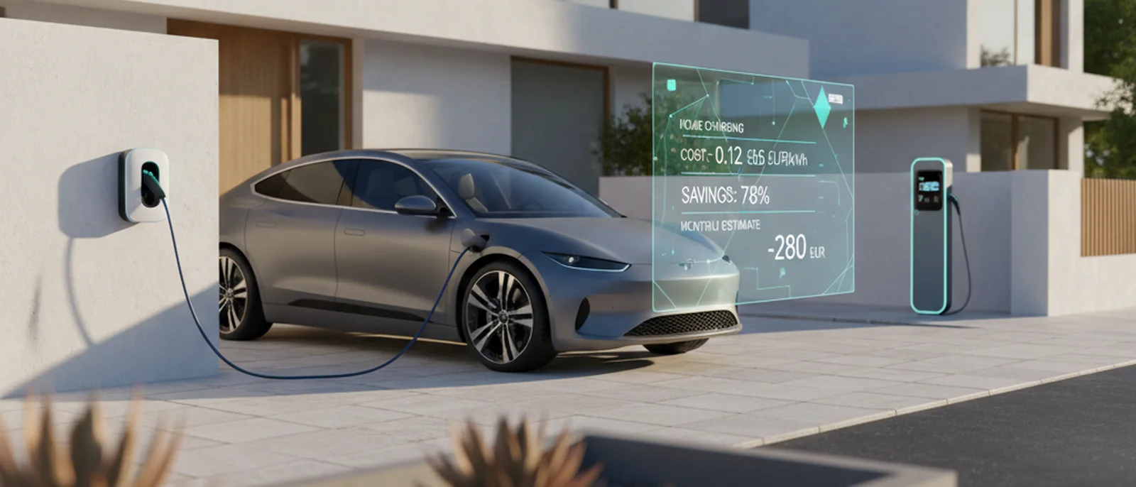 Coche eléctrico junto a un cargador doméstico, con una calle de recarga pública al fondo y luz de mañana.